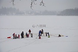 北極的雪橇,冬天,湖