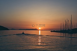 海灘,船,日出