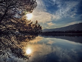 日落,湖,天空