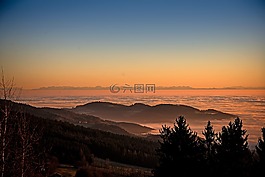 日落,山,霧