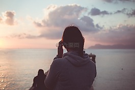 女子,日落,海