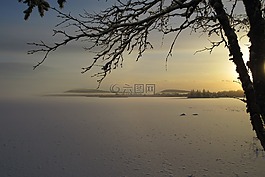 日出,秋季,湖