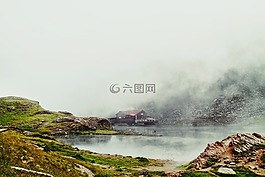 霧,房子,湖