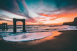 海灘,日落,沙