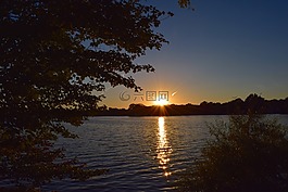 日落,湖,水