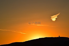 日落,山,云