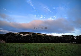 日落,云,丘陵