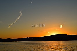 日落,湖,水