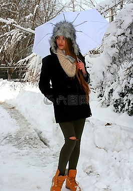 女孩,伞,雪