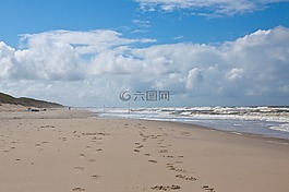 波,海灘,沙