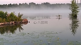 海灘,霧,湖