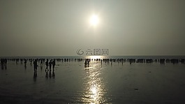 海灘,人,日落