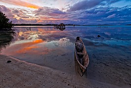黄昏,泻湖,船
