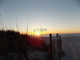 日出,海灘,籬笆