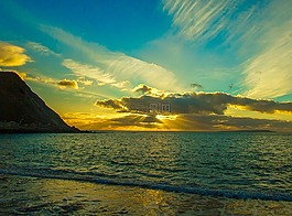 海,日落,地平線
