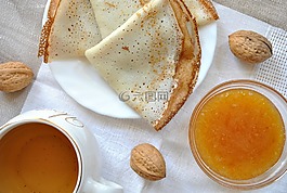 煎餅,茶,果醬