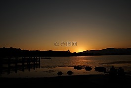日落,湖,自然