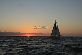 日落,帆船,海洋