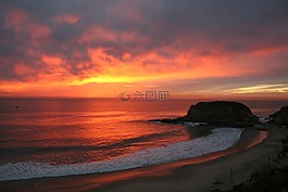 日落,海灘,云
