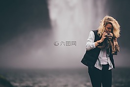 女子,瀑布,圍巾