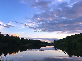 湖,日落,云