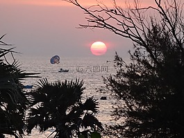 日落,海灘,海