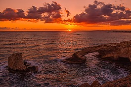 日落,巖質海岸,海