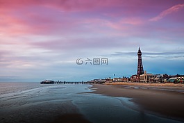 海灘,建筑物,日出