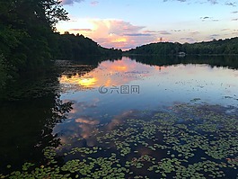 湖,日落,反思