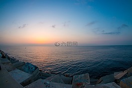 日落,海灘,可