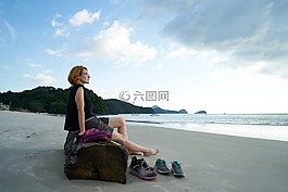 海灘,坐,腿