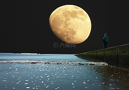 海,月球,晚上
