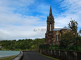 景觀,教堂,池塘
