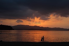 日落,海灘,步行