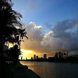 日落,運河,水