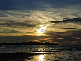 日落,海灘,海洋