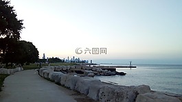 湖,芝加哥,日落