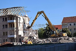 拆除,挖掘机,建筑废墟