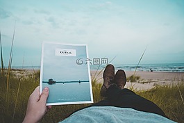 海灘,手,雜志