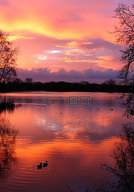 日落,湖,abendstimmung
