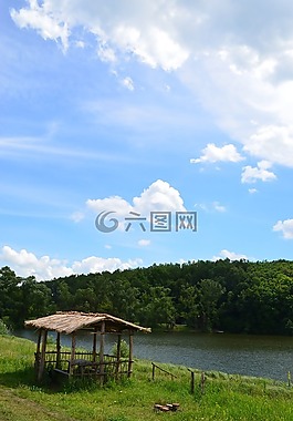 涼亭,里德,池塘
