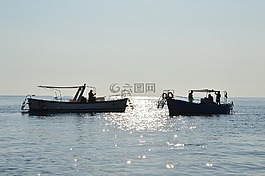 海,日落,船