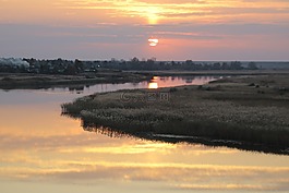 日落,河,景觀