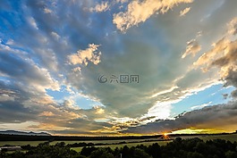 日落,全景,地平線