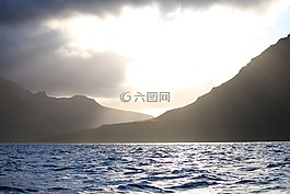 海,日落,山