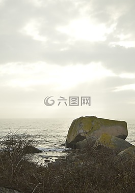 石,日落,海