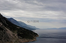 海岸線,陰,多云