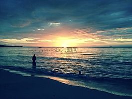 日落,海灘,海灘日落