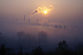 工廠,日出,霧