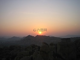 日落,山,景觀